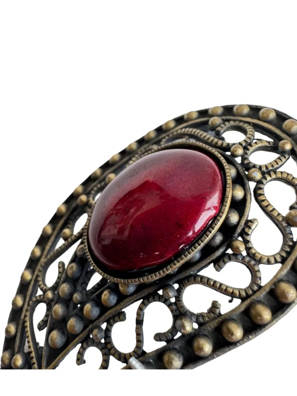 Vintage Japanese Cloisonne Brooch Red Enamel Paisley Brass Tone Filigree Pin
